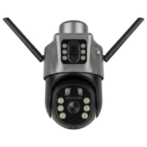 Cámara Seguridad de Exteriores Solar Con Doble Lente Con Alarma App V380 Color Negro